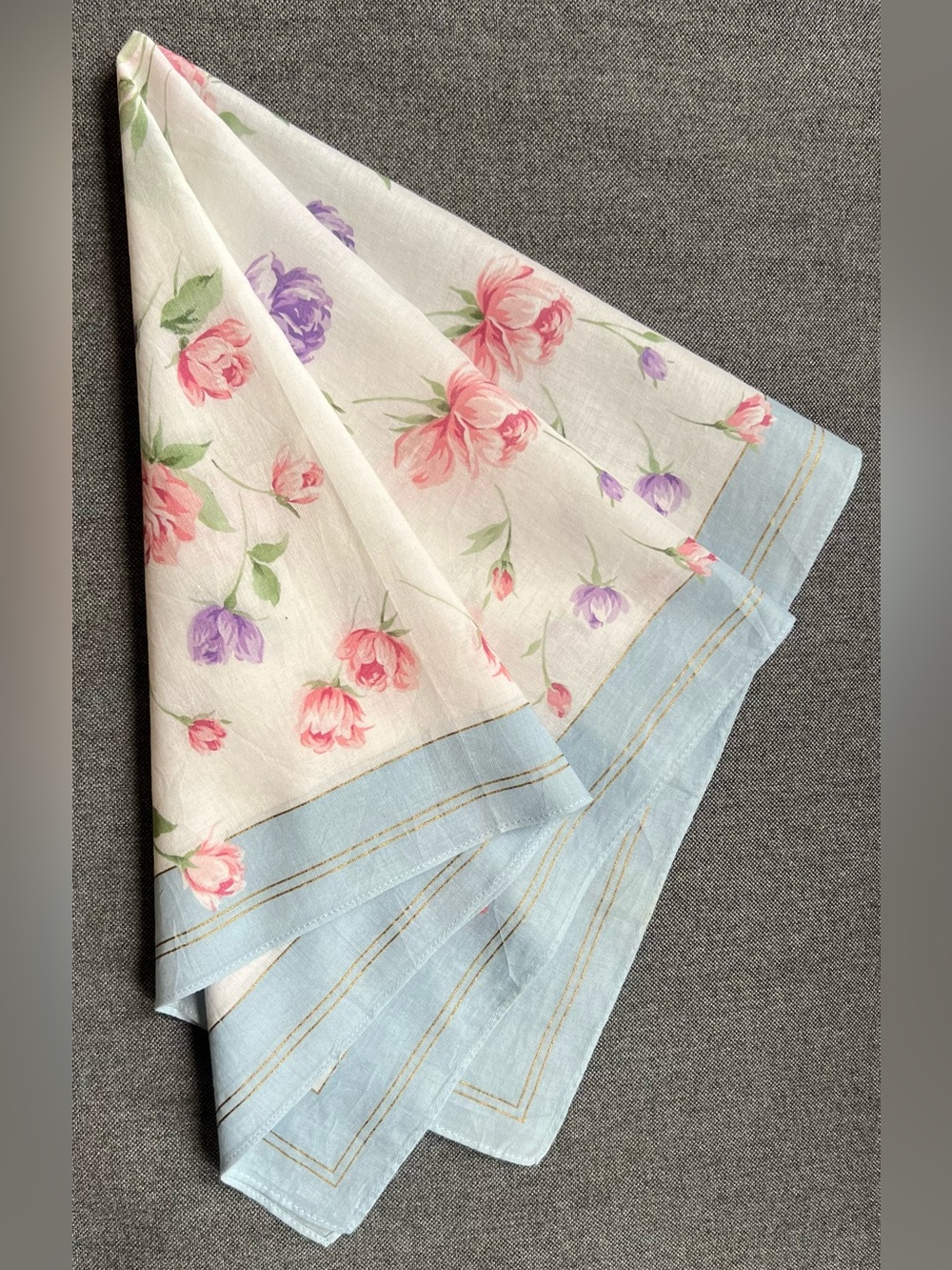 Pierre Balmain Floral Cotton Neckerchief Blue Border Gold Metallic Stripe Scarf